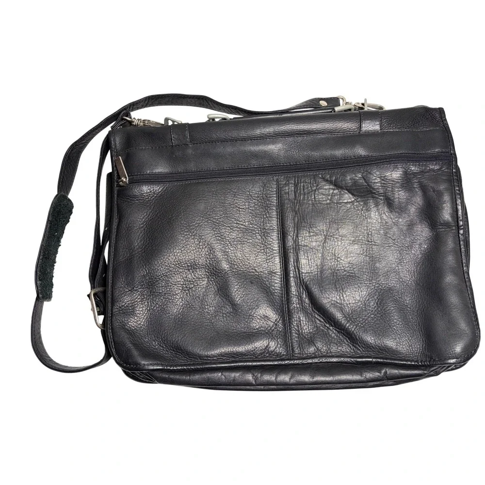 Vintage 90s Black Leather Messenger Unisex‎ Black Large Laptop Bag IMPERFECTIONS